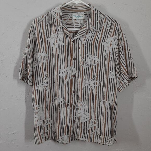 Caribbean Button Down Shirt Men's Size M Brown White Silk Blend Short Sleeve - Picture 1 of 9